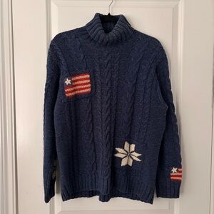 Marisa Christina Blue Cable Knit Sweater with American Flag Turtleneck Sweater